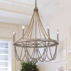 LNC Boho Empire Wood Beads 6-Light 25.5"w Wagon Wheel Chandelier With Rope for Living/ Dining Room