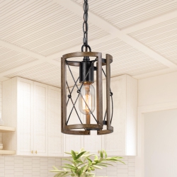 LNC Modern 1-Light Wood Cylinder Pendant Farmhouse Lights for Kitchen Island In Black