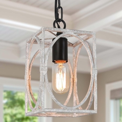 LNC Farmhouse 1-Light Distressed Cage Lantern Pendant for Kitchen Island In White