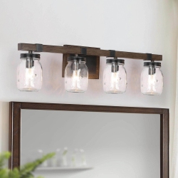 LNC Farmhouse 4-Light Wood Linear Bathroom Vanity Lights Mason Jars Wall Sconces