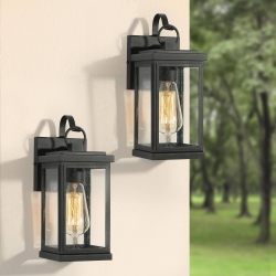LNC Set Of 2 Mid-Century Modern Seeded Glass Geometric Outdoor Wall Lantern In Black