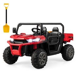GYMAX 12V 2 Seater Ride On Utv Dump Truck Remote W/ Electric Dump Bed & Shovel In Red