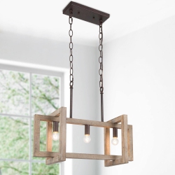 LNC Farmhouse Wood Linear 3-Light Chandelier Island Lights for Dining Room