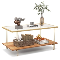 GYMAX Coffee Table Rectangle Glass Top W/ Storage Shelf & Steel Frame Living Room In Gold