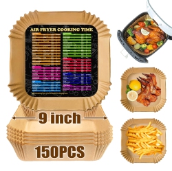 HLD Air Fryer Disposable Paper Liner Square, 9 Inch 150PCs Large Air Fryer Paper Liner, Non-Stick Parchment Paper Pads Oil Resistant, Waterproof