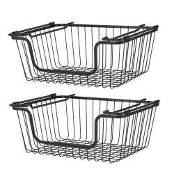 OCEANSTAR Stackable Metal Wire Storage Basket Set for Pantry, Countertop, Kitchen Or Bathroom – Black, Set Of 2