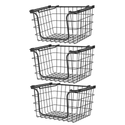 OCEANSTAR Stackable Metal Wire Storage Basket Set for Pantry, Countertop, Kitchen Or Bathroom – Black, Set Of 3