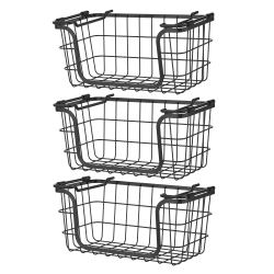 OCEANSTAR Stackable Metal Wire Storage Basket Set for Pantry, Countertop, Kitchen Or Bathroom – Black, Set Of 3