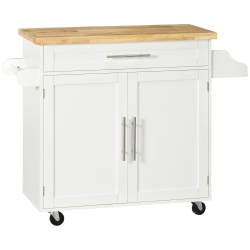 HOMCOM Kitchen Island With Storage, Rolling Cart Trolley With Rubberwood Top, Adjustable Shelf, Drawer, Spice Rack, Towel Rack In White