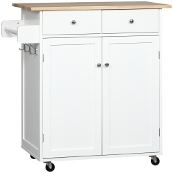 HOMCOM Rolling Kitchen Island With Storage, Kitchen Cart With Rubber Wood Top, Adjustable Shelf, Towel Rack, Hooks And Storage Drawers In White