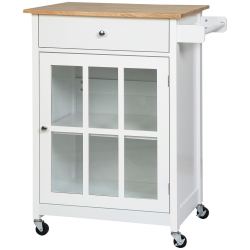 HOMCOM Rolling Kitchen Cart With Drawer And Glass Door Cabinet, Kitchen Island On Wheels With Adjustable Shelf And Towel Rack (White)