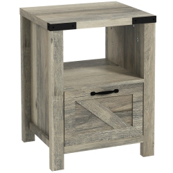 HOMCOM Side Table With Storage, Farmhouse End Table With Drawer, Open Shelf And Barn-Style Panel, Nightstand for Living Room, Bedroom In Grey