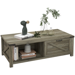 HOMCOM Farmhouse Coffee Table With Drawer And Storage Shelf, Rustic Center Table for Living Room, Meeting Room In Grey