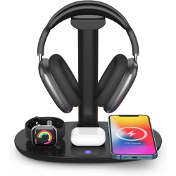 NAVOR 15W Dock 4 In 1 Wireless Charging Station Dock & Gaming Headphone Stand for Iphone 17/16/15/14/13/12/11/ Iwatch Series 11/10/9/8/7 For