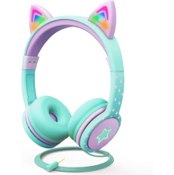 ULTREND Kids Headphones \w Led Cat Ears, 85Db Safe Volume Limit, 3.5MM Wired On-Ear Design, Tangle-Free Laced Cables - Teal/light Purple, Perfect