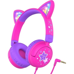 ULTREND Kids Headphones \w Led Cat Ears, 85Db Safe Volume Limit, 3.5MM Wired On-Ear Design, Tangle-Free Laced Cables - Hot Pink/purple, Perfect