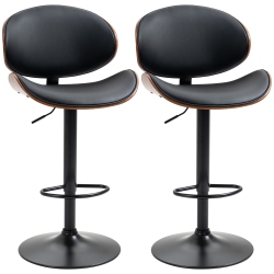 HOMCOM Bar Stools Set Of 2, Modern Adjustable Swivel Barstools, Pu Leather Bar Chairs With Curved Back, Footrest And Steel Base In Black