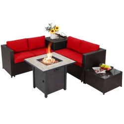 TOPBUY 5-Piece Patio Furniture Set \w 30 Inches Gas Fire Pit Table Outdoor Pe Wicker Conversation Sectional Sofa Set \w Cushions