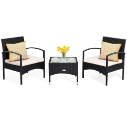 TOPBUY Patiojoy 3 PCs Patio Rattan Cushioned Chair Side Table Set Bistro Set Classic Furniture Single Sofa Thick Cushion for Garden