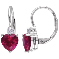 AMOUR Day Modern Sterling Silver With Created Heart Ruby & Created Round White Sapphire Drop Earrings In Red