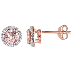 AMOUR Round Morganite & 0.072Ctw Diamond Halo Stud Earrings In Plated Sterling Silver In Pink