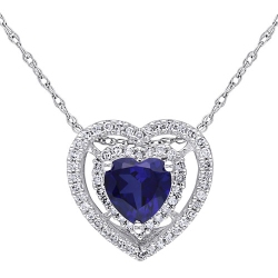 AMOUR Heart 0.202 Ctw White Diamond & Created Sapphire Pendant In 17" 10K White Gold Chain In Blue