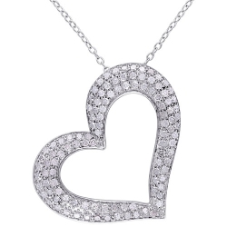 AMOUR 1Ctw Round Diamond Heart Pendant In 18" Sterling Chain In Silver