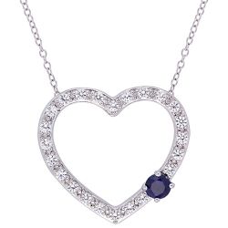 AMOUR Gemstones Basics Round Created Sapphire Heart Pendant In 18" Sterling Silver Chain In Blue