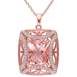 AMOUR Halo Pendant In Rose Sterling Silver With Emerald-Cut Simulated Morganite On An 18" Rose Chain In Pink