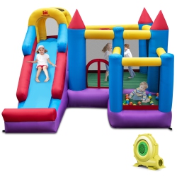 COSTWAY 5-In-1 Inflatable Bounce Castle With Basketball Rim & Climbing Wall W/ 735W Blower