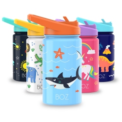 BOZ Kids Insulated Water Bottle \w Straw Lid, Stainless Steel Vacuum Double Wall Water Cup \w Scratch-Resistant Cute Print And Carry Handle