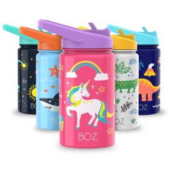 BOZ Kids Insulated Water Bottle \w Straw Lid, Stainless Steel Vacuum Double Wall Water Cup \w Scratch-Resistant Cute Print And Carry Handle