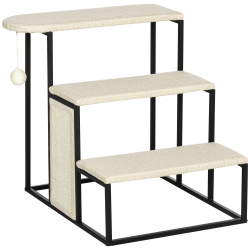 PAWHUT 20" 3 Steps Cat Stairs, Carpeted Ladder Ramp, Pet Steps With Scratching Board And Hanging Ball for Small Cats, Steel Frame, Cream In White