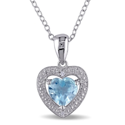 AMOUR Modern Sterling Silver Chain And Sterling Silver Heart Pendant With Topaz & 0.01Ctw Diamonds In Blue