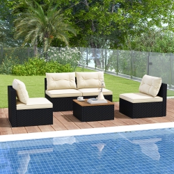 COSTWAY 5 Piece Outdoor Furniture Set With Seat & Back Cushions Acacia Wood Tabletop