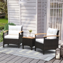 COSTWAY Patiojoy 3PCs Patio Rattan Furniture Set Wooden Armrest Table Top Cushioned Deck