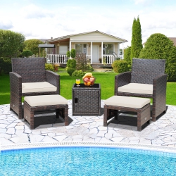 COSTWAY 5PCs Patio Rattan Furniture Set Ottoman Cushioned W/cover Space Saving