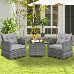 COSTWAY 3PCs Patio Rattan Furniture Bistro Set Cushioned Sofas Side Table Armrest In Grey