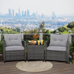 GYMAX 3PCs Patio Rattan Sofa Set Outdoor Wicker Conversation Set Glass Tabletop W/ Cushion In Grey
