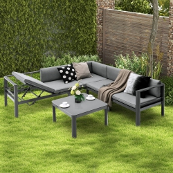 GYMAX 3PCs Patio Furniture Set Aluminum Lounge Adjust Back Recliner Sofa Table Cushion