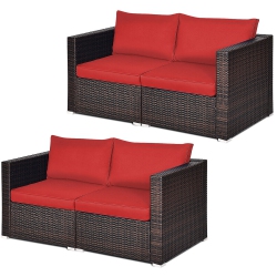 GYMAX 4PCs Rattan Corner Sofa Set Patio Outdoor Furniture Set W/ Cushions In Red