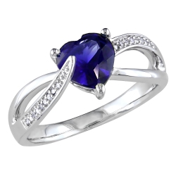 GEM AND HARMONY Created Sapphire And Diamond Heart Ring 1.90 Carat (Ctw) In Sterling Silver In Blue