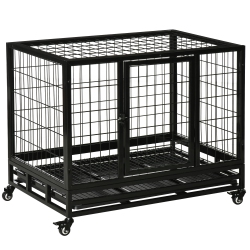 PAWHUT Heavy Duty Dog Crate Cage for Medium Small Dogs Cats With Two Doors, Lockable Wheels, Removable Tray, 36" X 24" X 27
