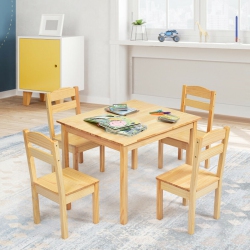 GYMAX Kids 5 Piece Table Chair Set Pine Wood Children Play Room Furniture Natural