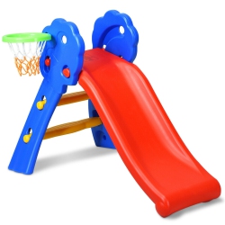 GYMAX 2 Step Children Folding Slide W/ Basketball Hoop for Kids Indoor & Outdoor