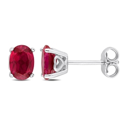 GEM AND HARMONY 2.54 Carat (Ctw) Lab-Created Ruby Oval Stud Earrings In Sterling In Silver