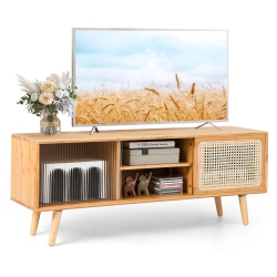 COSTWAY Modern Tv Stand Entertainment Center Media Console W/rattan Glass Sliding Doors
