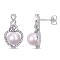 GEM AND HARMONY Freshwater Cultured Pearl Heart Drop Earrings With Diamonds In Sterling Silver In White