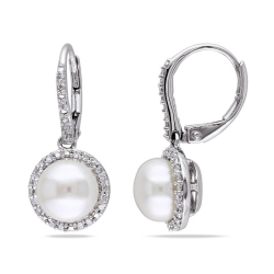 GEM AND HARMONY Freshwater Cultured Pearl 8MM Drop Earrings With Diamonds In Sterling Silver In White