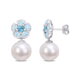 GEM AND HARMONY 11-12MM Cultured Freshwater Pearl And London Topaz Floral Earrings In Sterling Silver In Blue